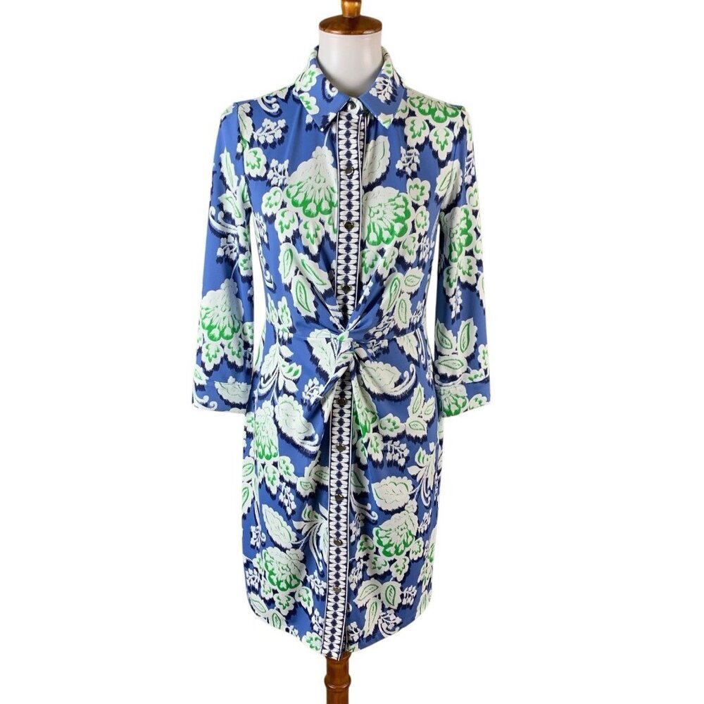 Talbots Blue Green Floral Print‎ Front Knot Shirt Dress Stretch Button Up Small